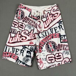 Quicksilver Mens 30 Boardshorts White Red Black‎ All Over Print Swim Trunks 11"